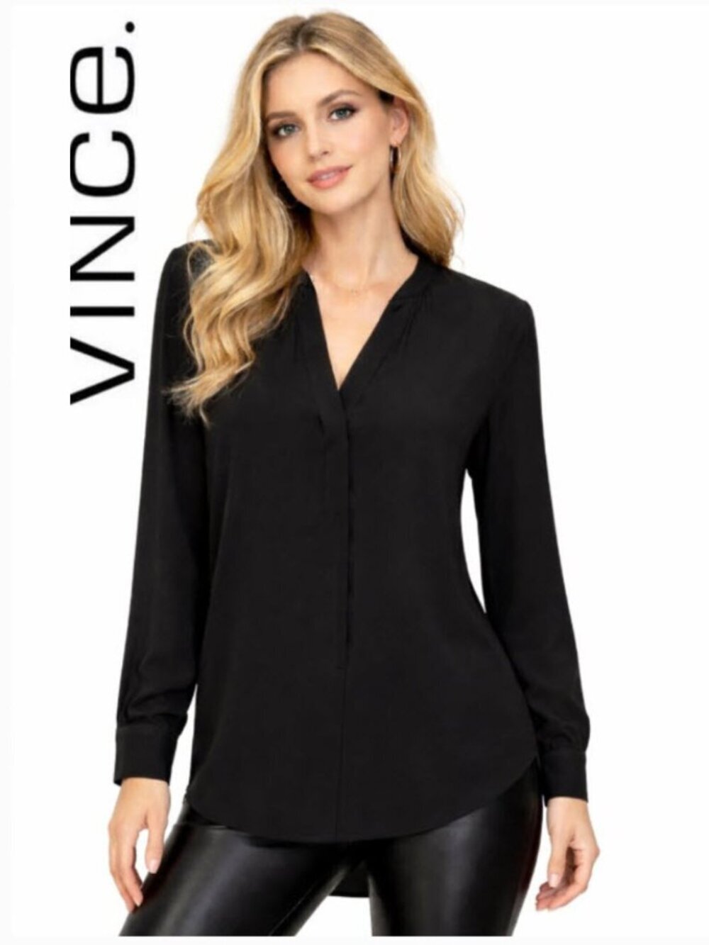 Vince Black V-Neck Blouse Semi Sheer Long Sleeve Minimalist Size S
